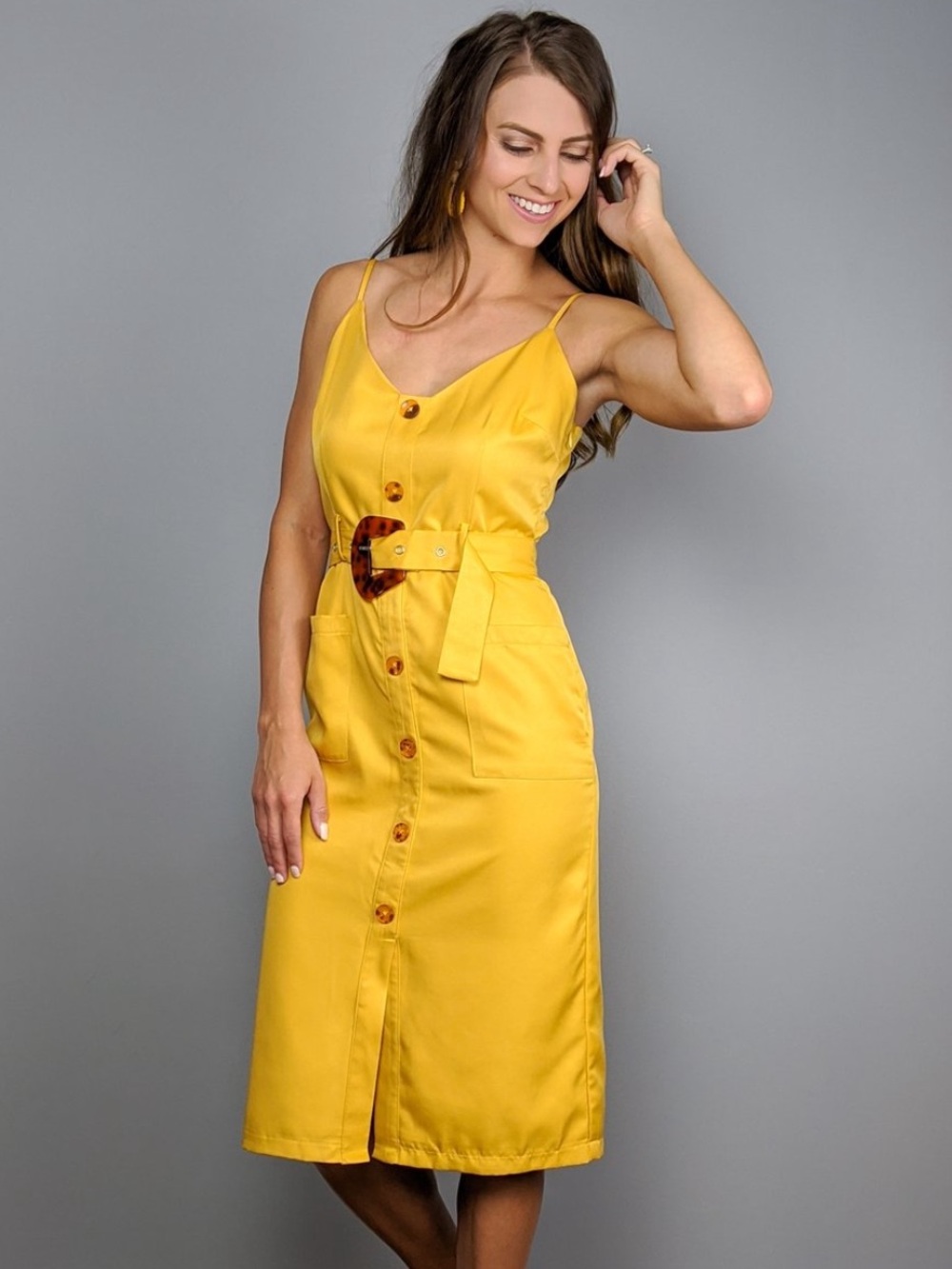 Moodie Mustard Button-Front Midi Dress with Tortoiseshell Belt Buckle